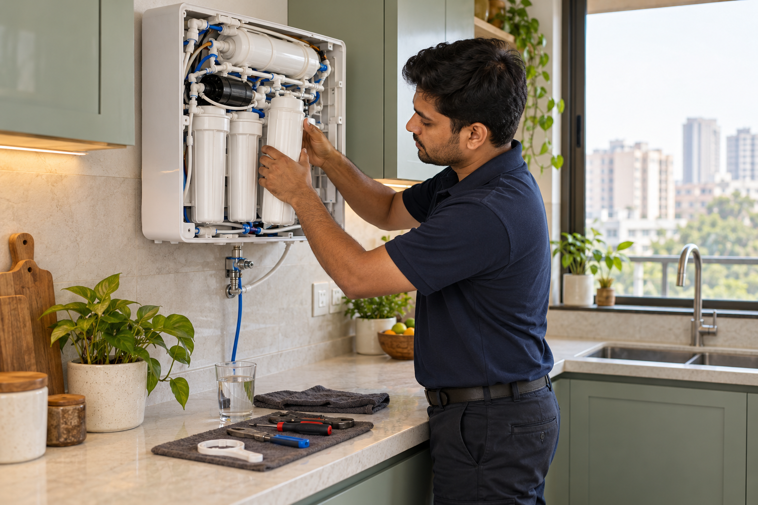 Illustrative photograph of a technician checking a domestic RO purifier in a bright kitchen